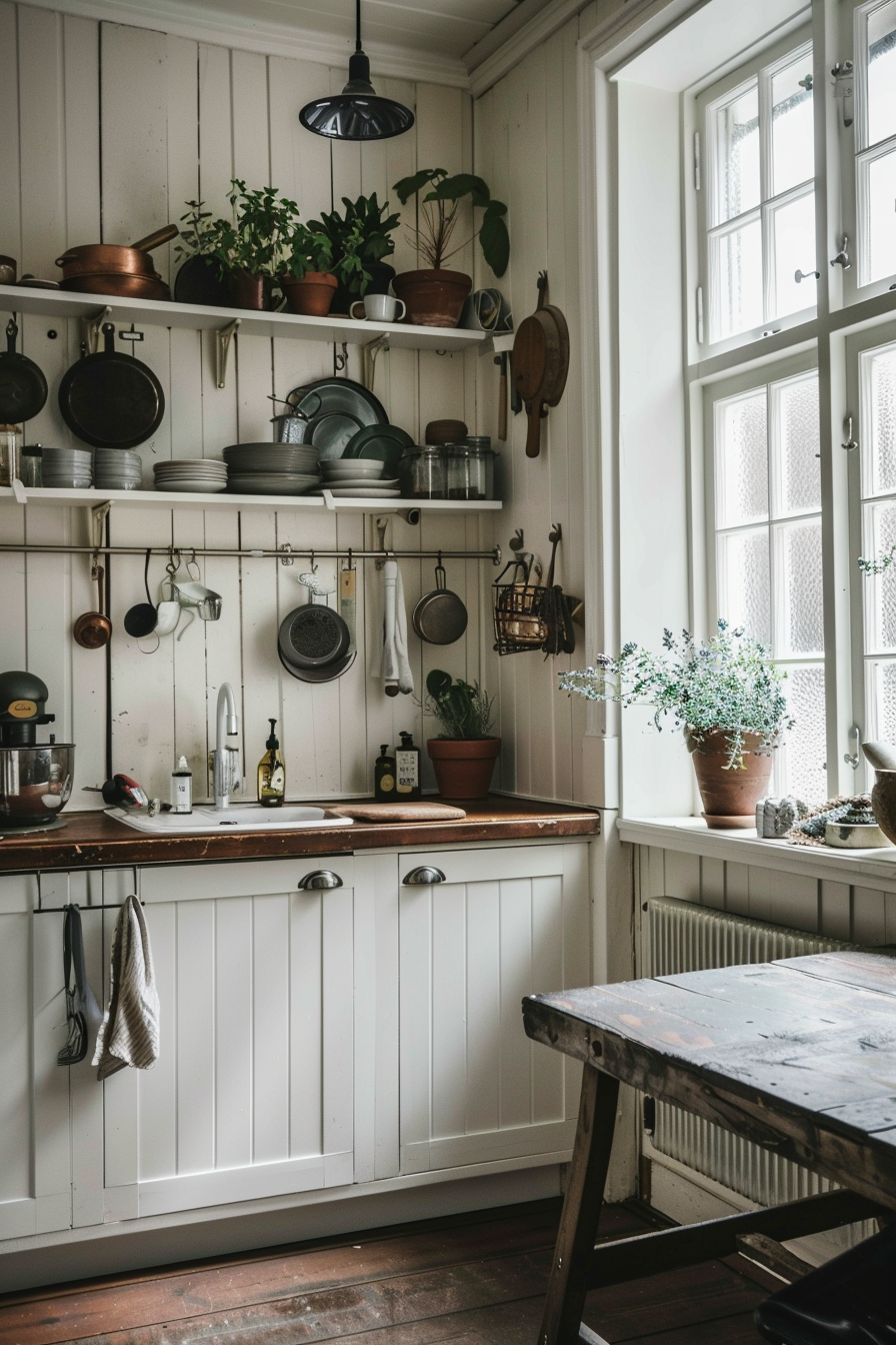 Small, atmospheric farmhouse kitchen with vertical storage space