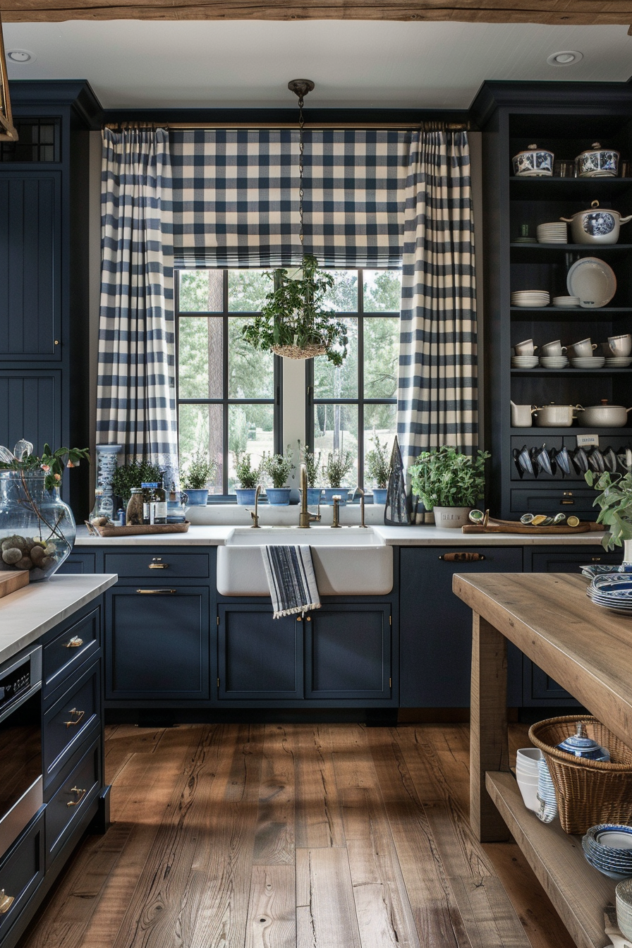 Navy blue cabinets with white countertops