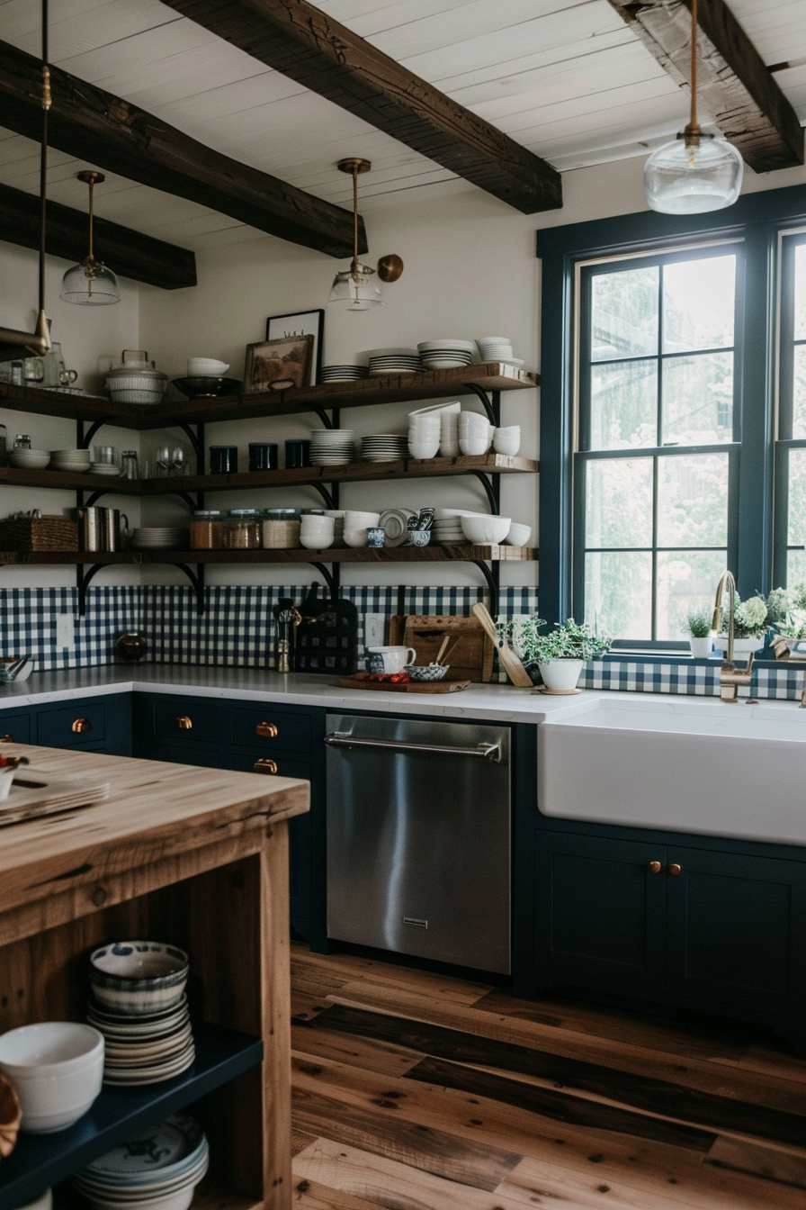 Navy blue cabinets with white countertops