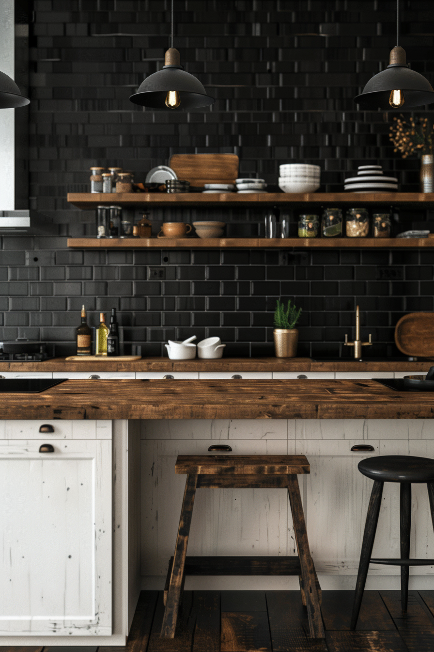 Atmospheric farmhouse kitchen with dark subway tile backsplash