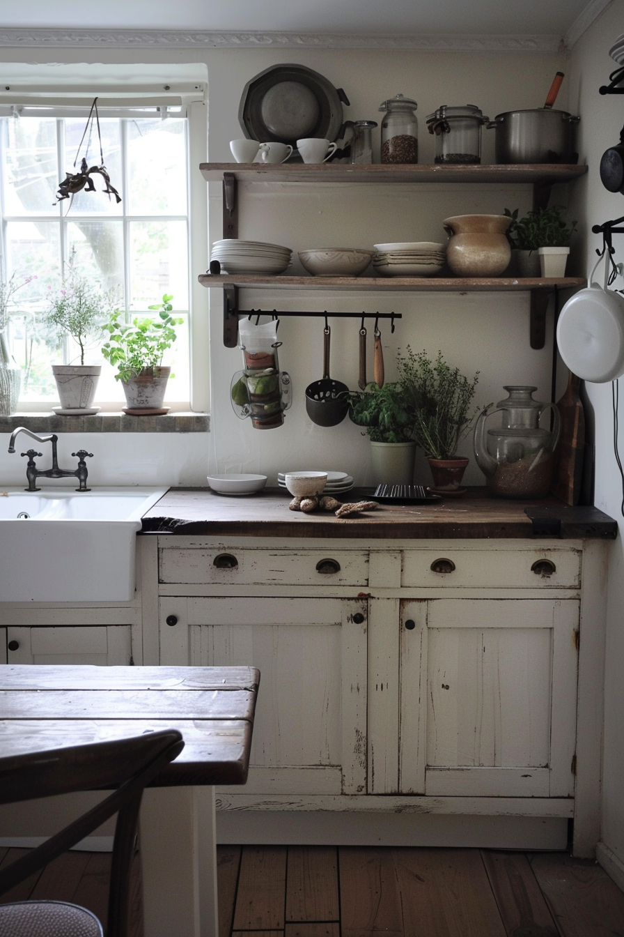 Small, atmospheric farmhouse kitchen with vertical storage space