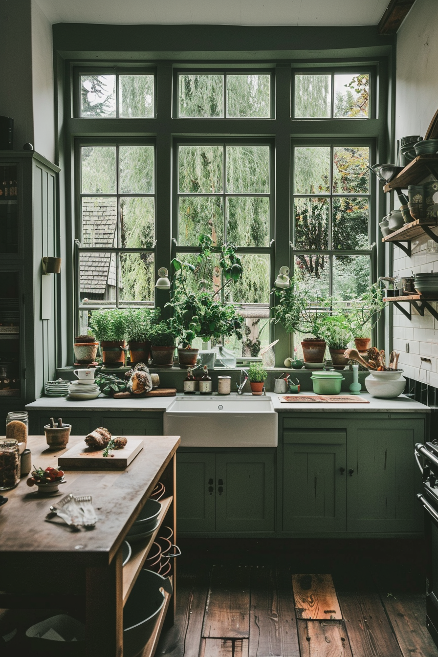 Sage green cabinets with white countertop