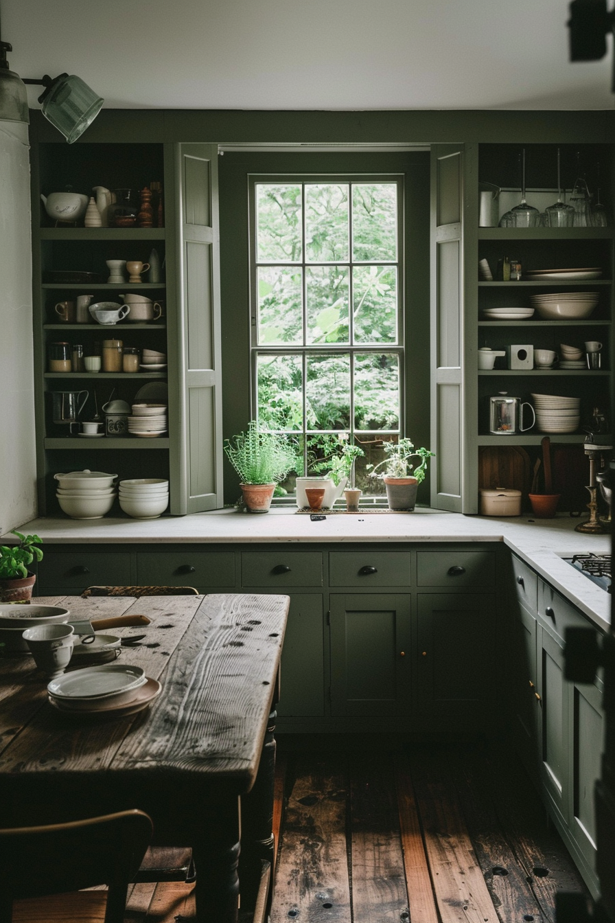 Sage green cabinets with white countertop