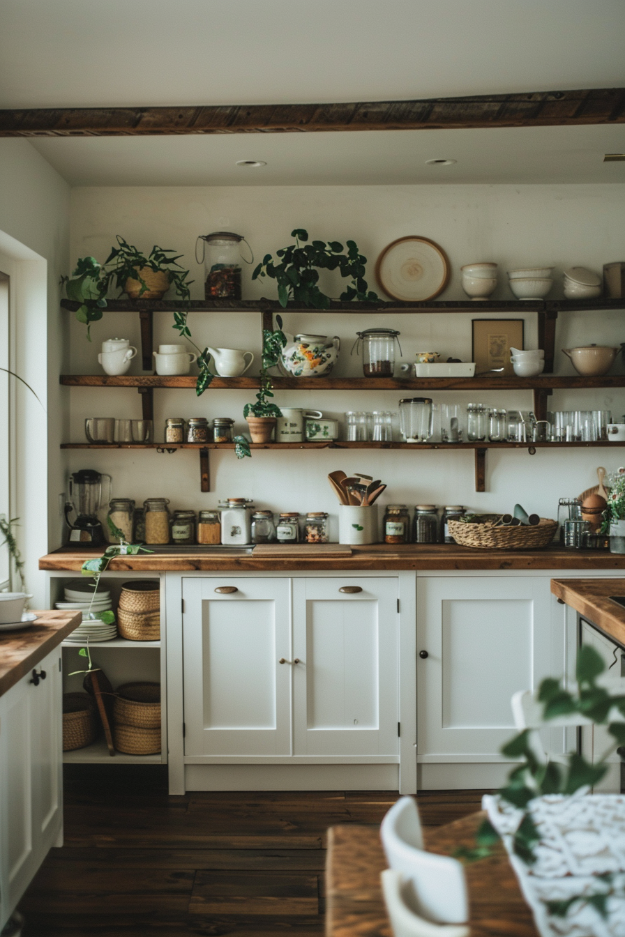 Wooden shelves with kitchen utensils and decor