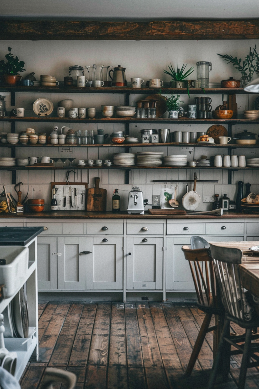 Wooden shelves with kitchen utensils and decor