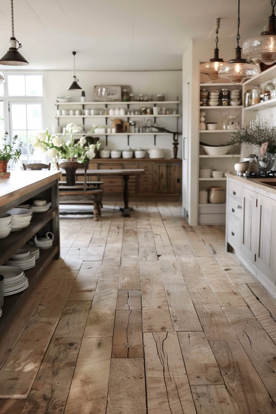 Classic, rustic wooden floor for a cozy kitchen