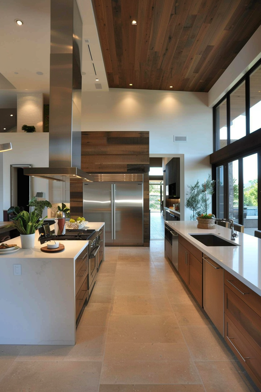 Seamless transition of tiles and wood for a cohesive kitchen