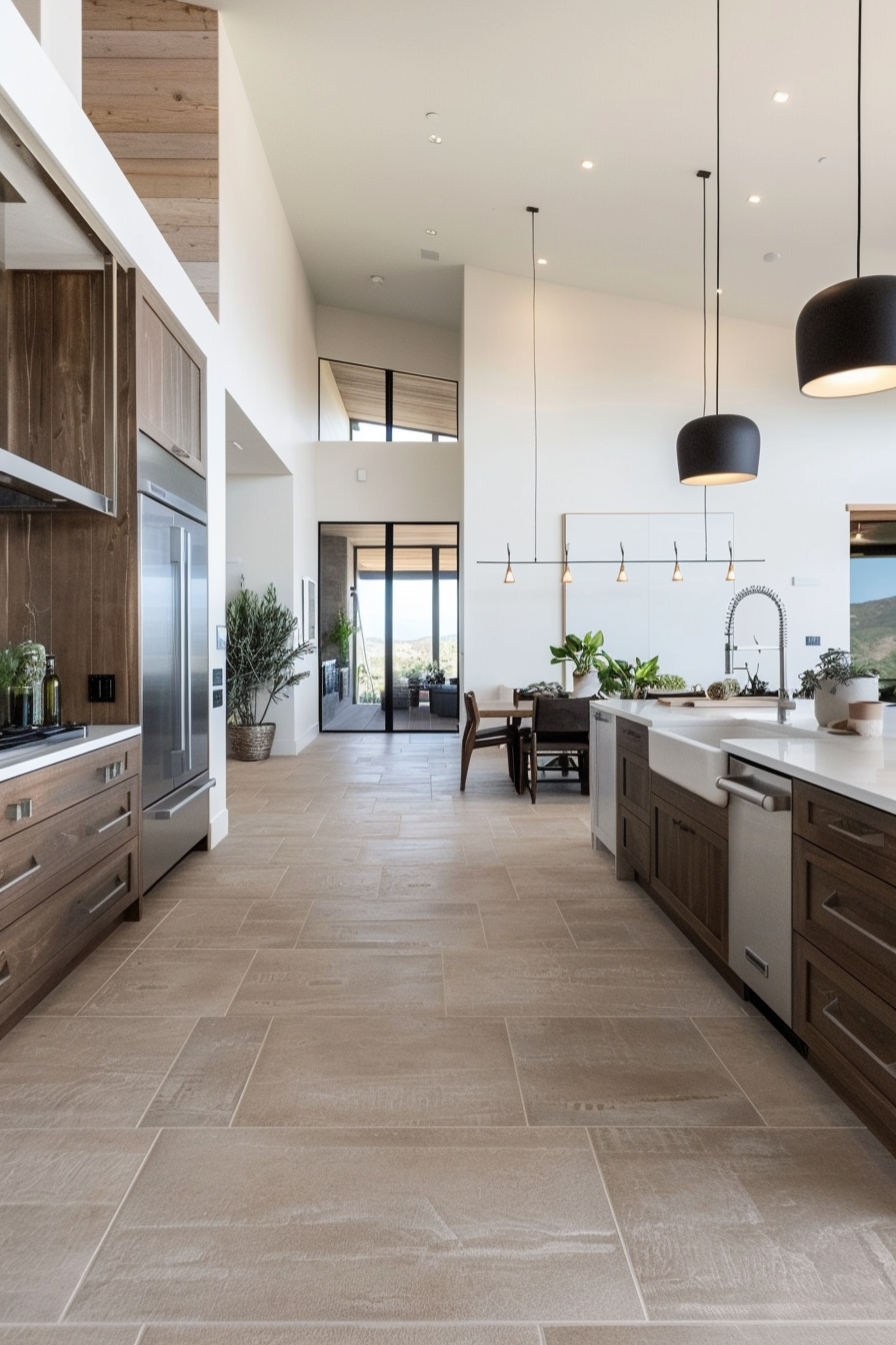 Seamless transition of tiles and wood for a cohesive kitchen