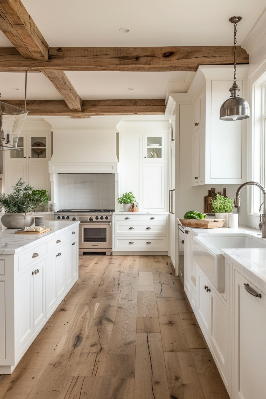 Rustic oak flooring for a warm kitchen