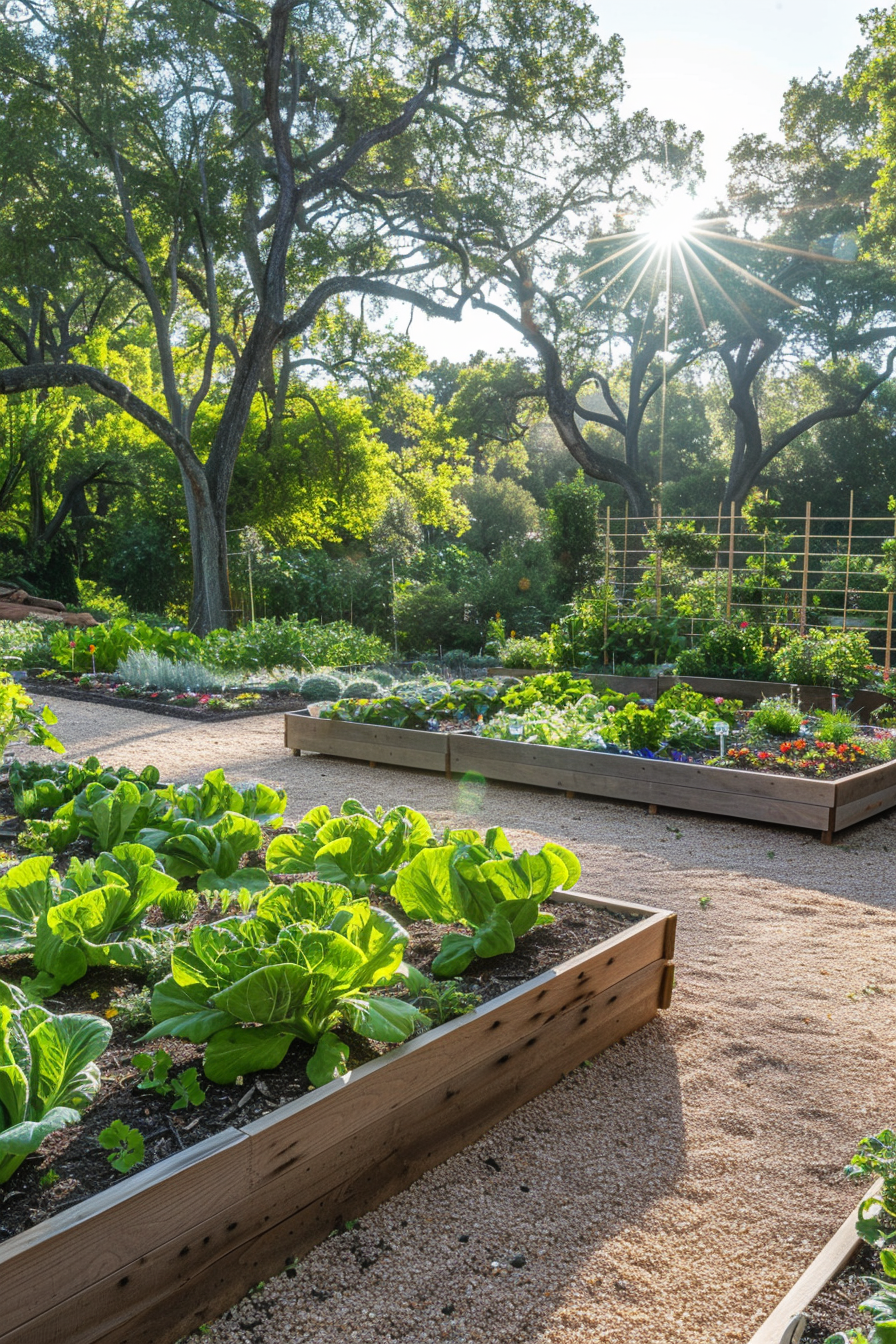 Highly pulled garden bed with organized plant layout.