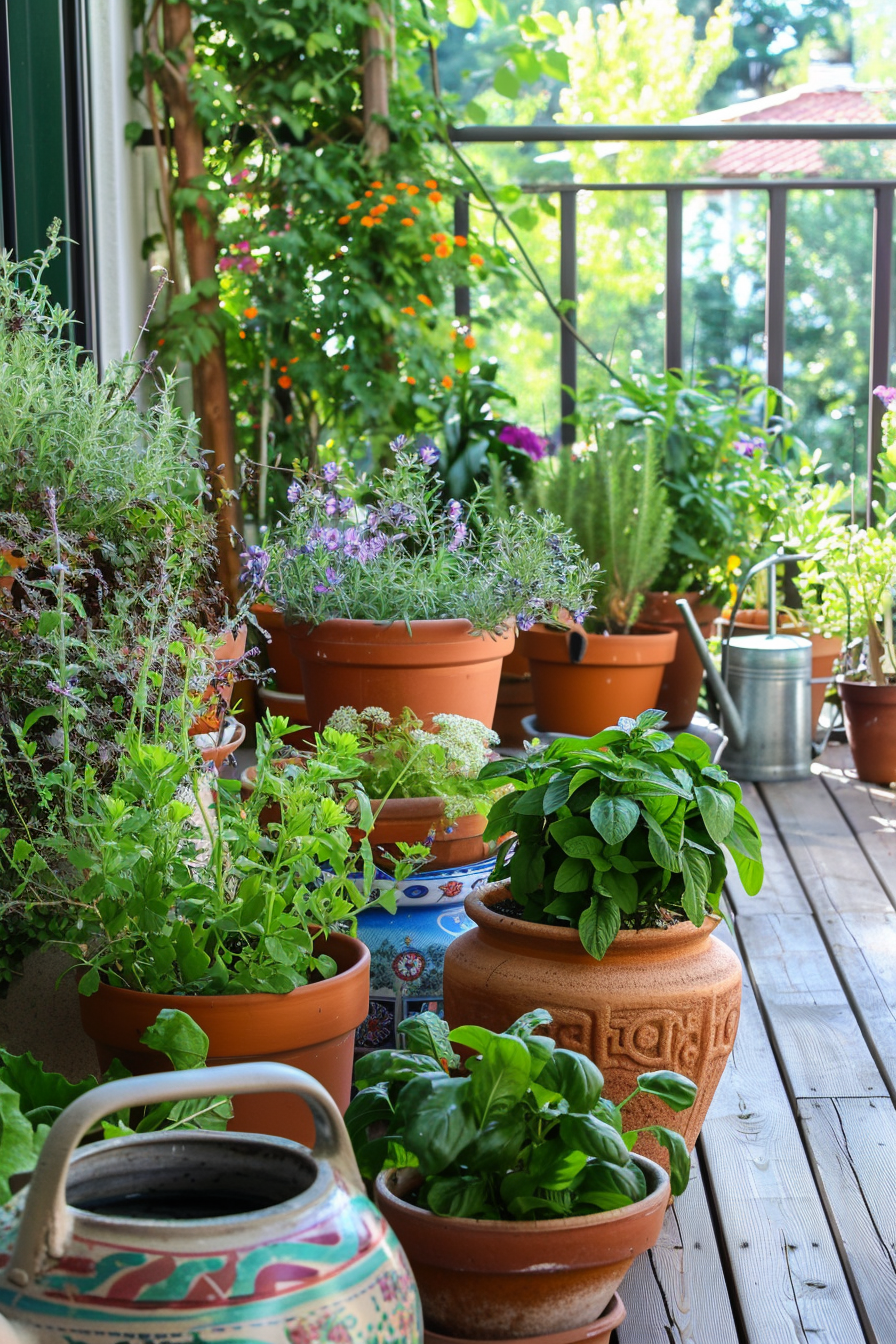 Exterior plants thrive on a small terrace in containers.