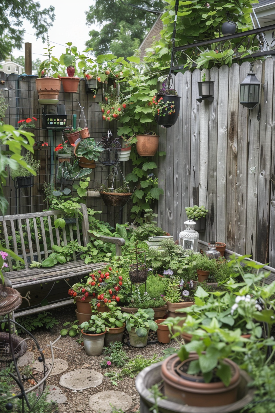 A small outdoor garden with decorative elements and seating.