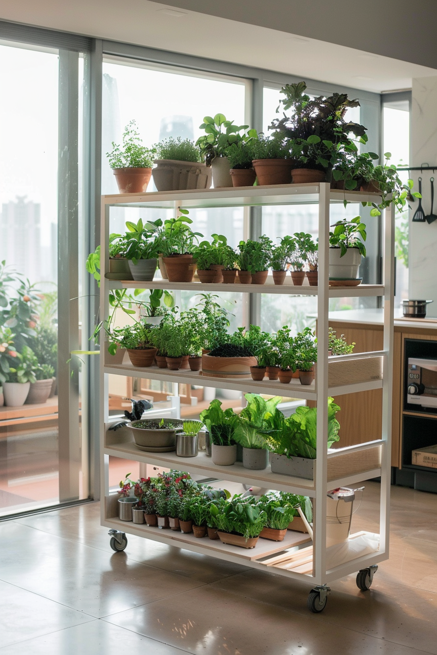 Modular inner garden with movable planters.