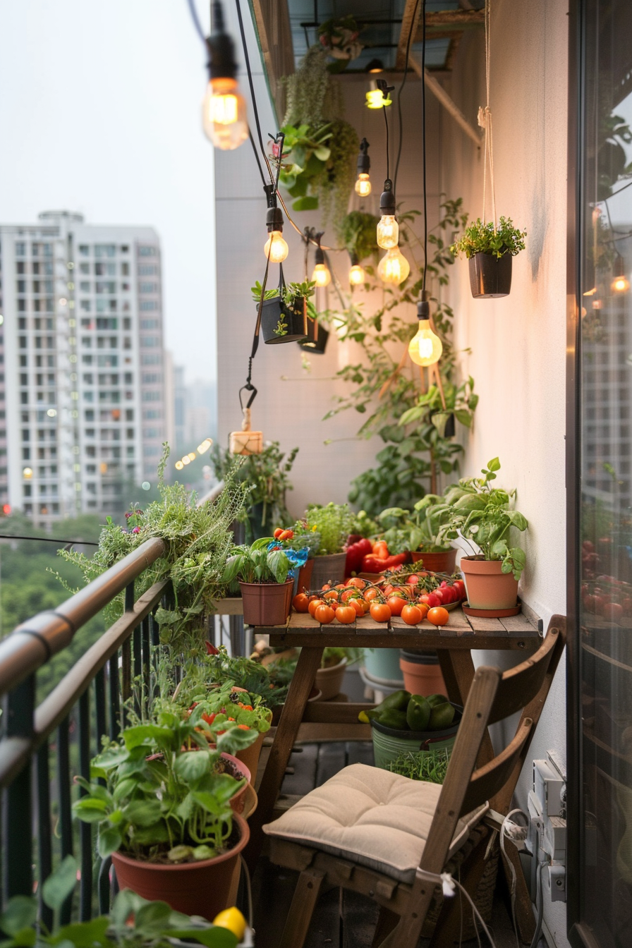 Small terrace garden with different potted plants.