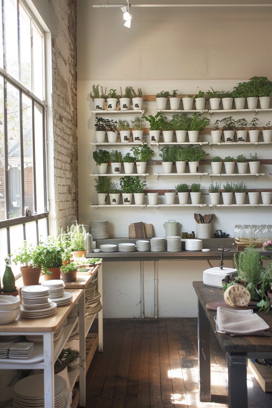 Vertical gardening arrangement with groaned shelves in a kitchen.