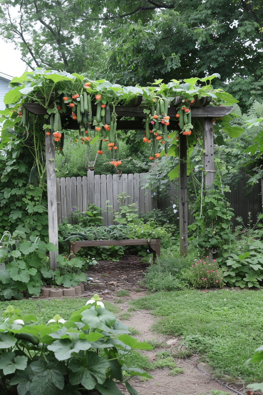 Vertical outdoor garden with climbing cucumbers on a arbor.