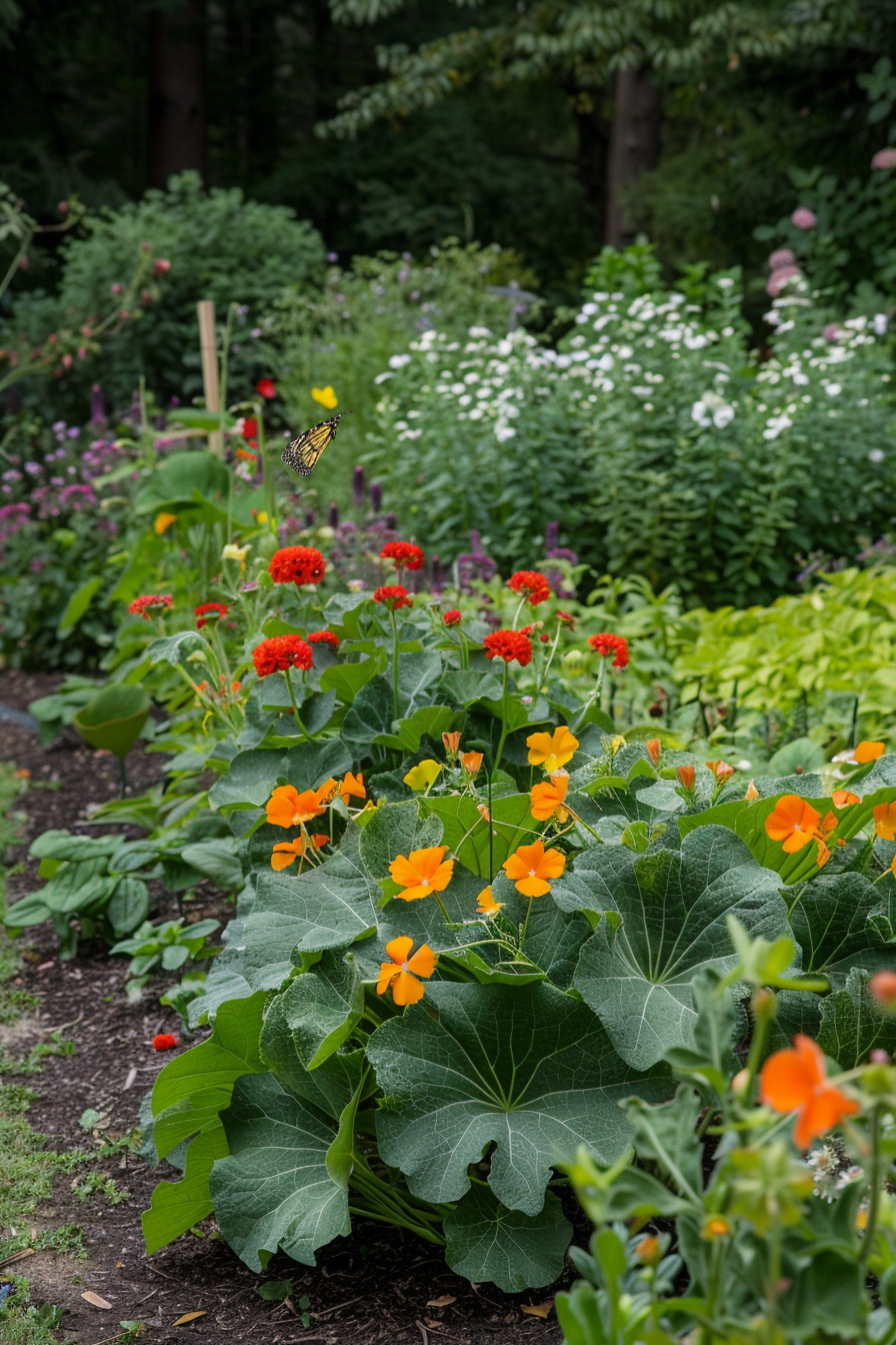 Garden with flowering buns and leaf green.