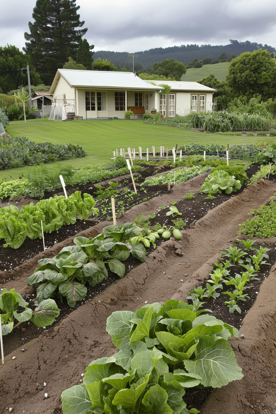 Quadratmeter garden layout with decent rows of plants.