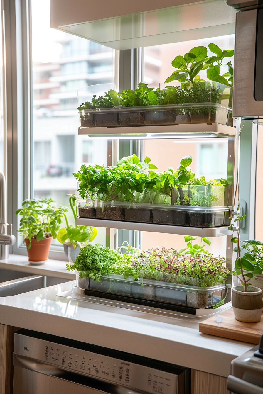 Vertical hydroponic system in a modern kitchen.