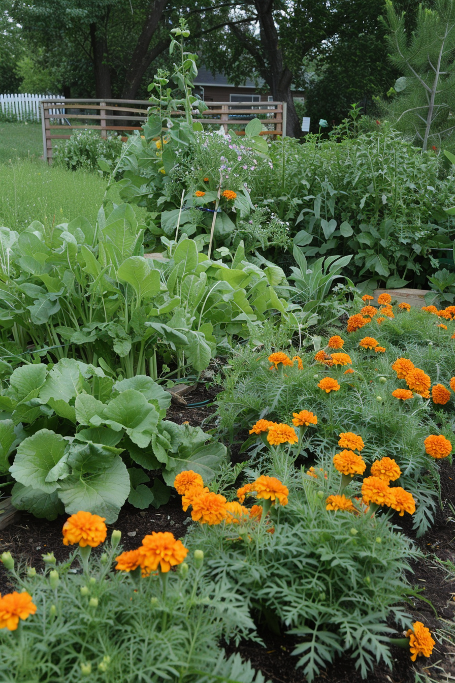 Garden bed planted with marigolds and vegetables.