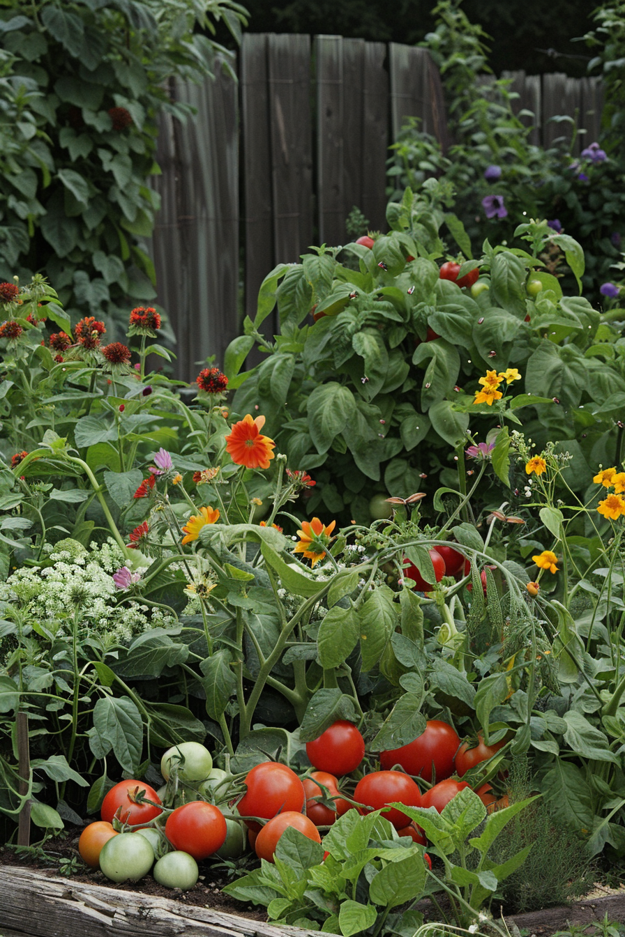 Processing of basil and tomatoes in a garden.