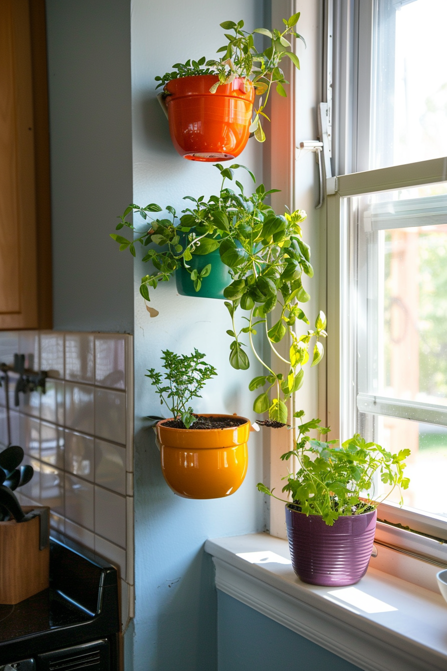 Vertical garden with herbs and vegetables in a kitchen.