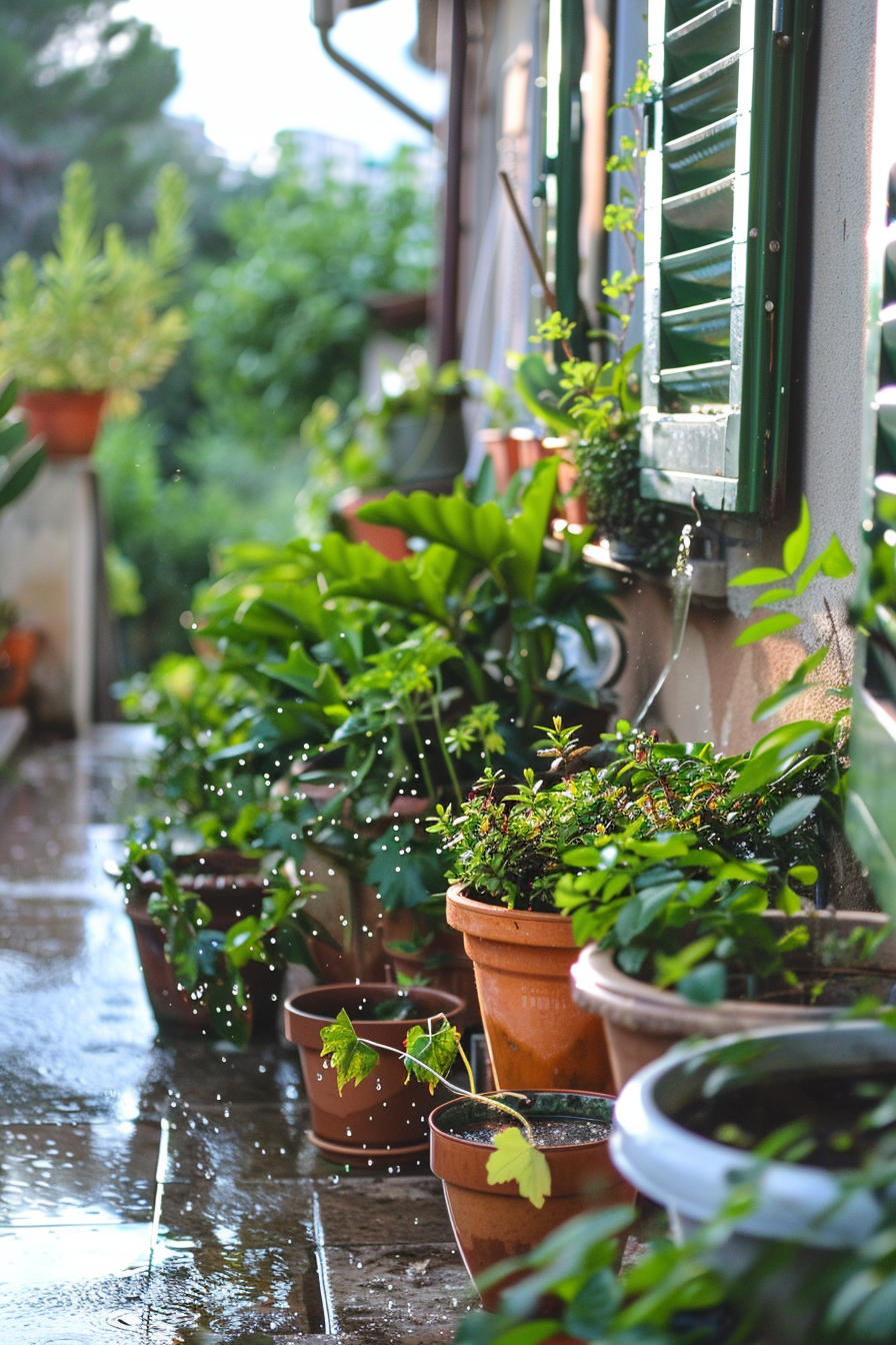 Container plants with a drip irrigation system in a garden.