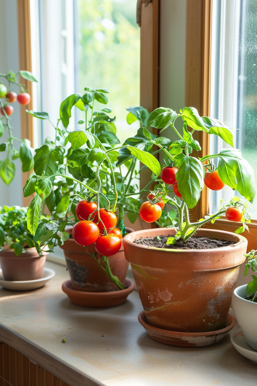 Cherry tomatoes and spinach grow in a sunny kitchen corner.