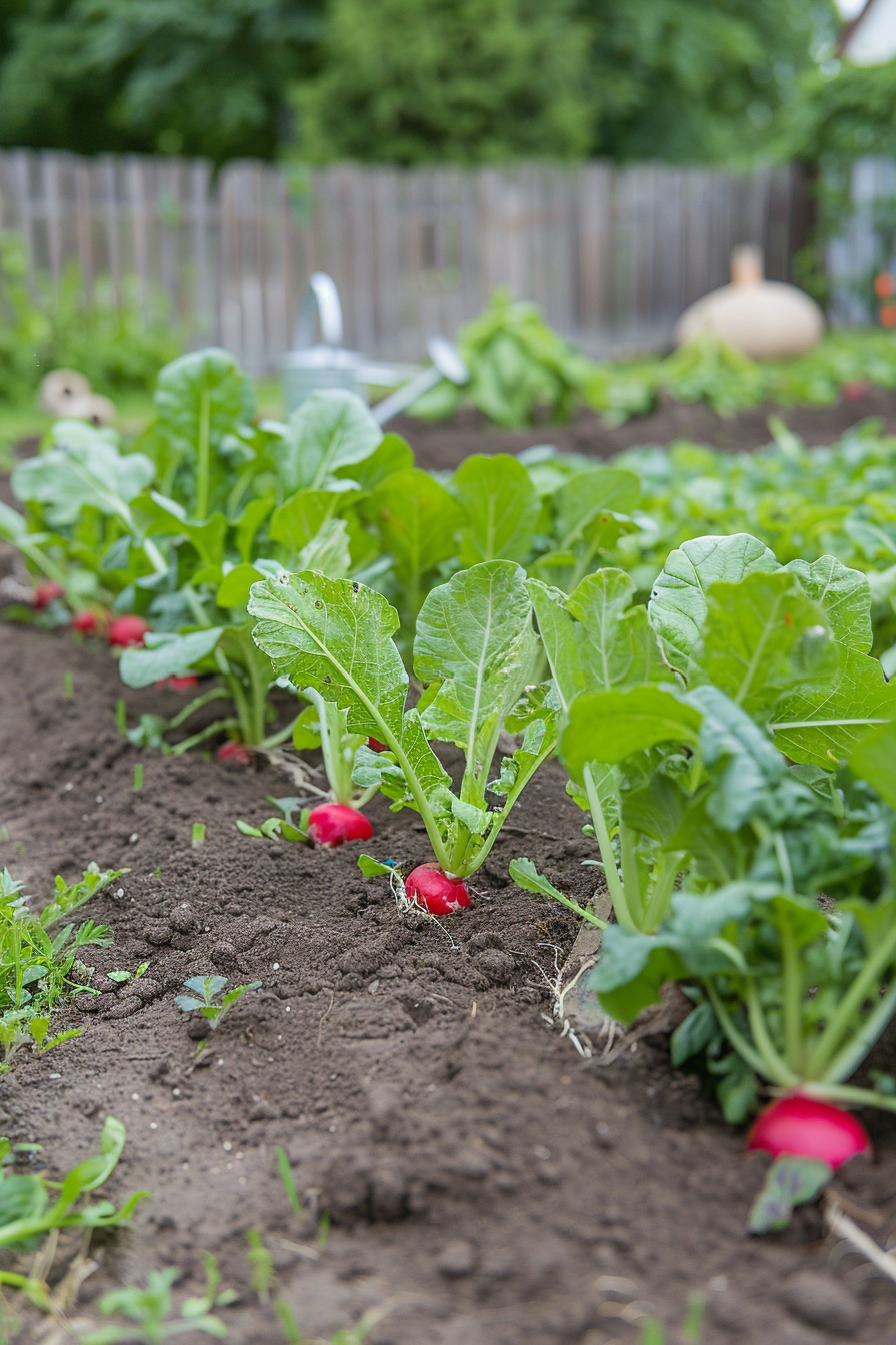 Small garden bed with leaves and radishes.