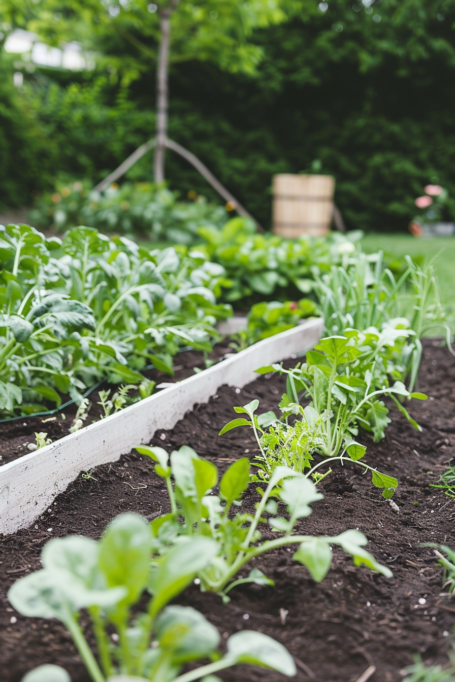 Garden bed with rich, dark floor and healthy plants.