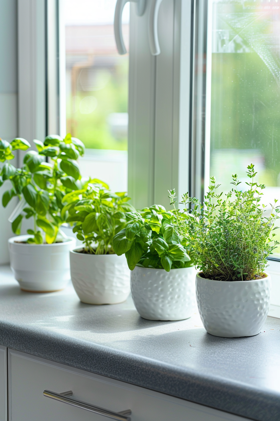 Inner herbs in self -confident pots on a kitchen window bank.