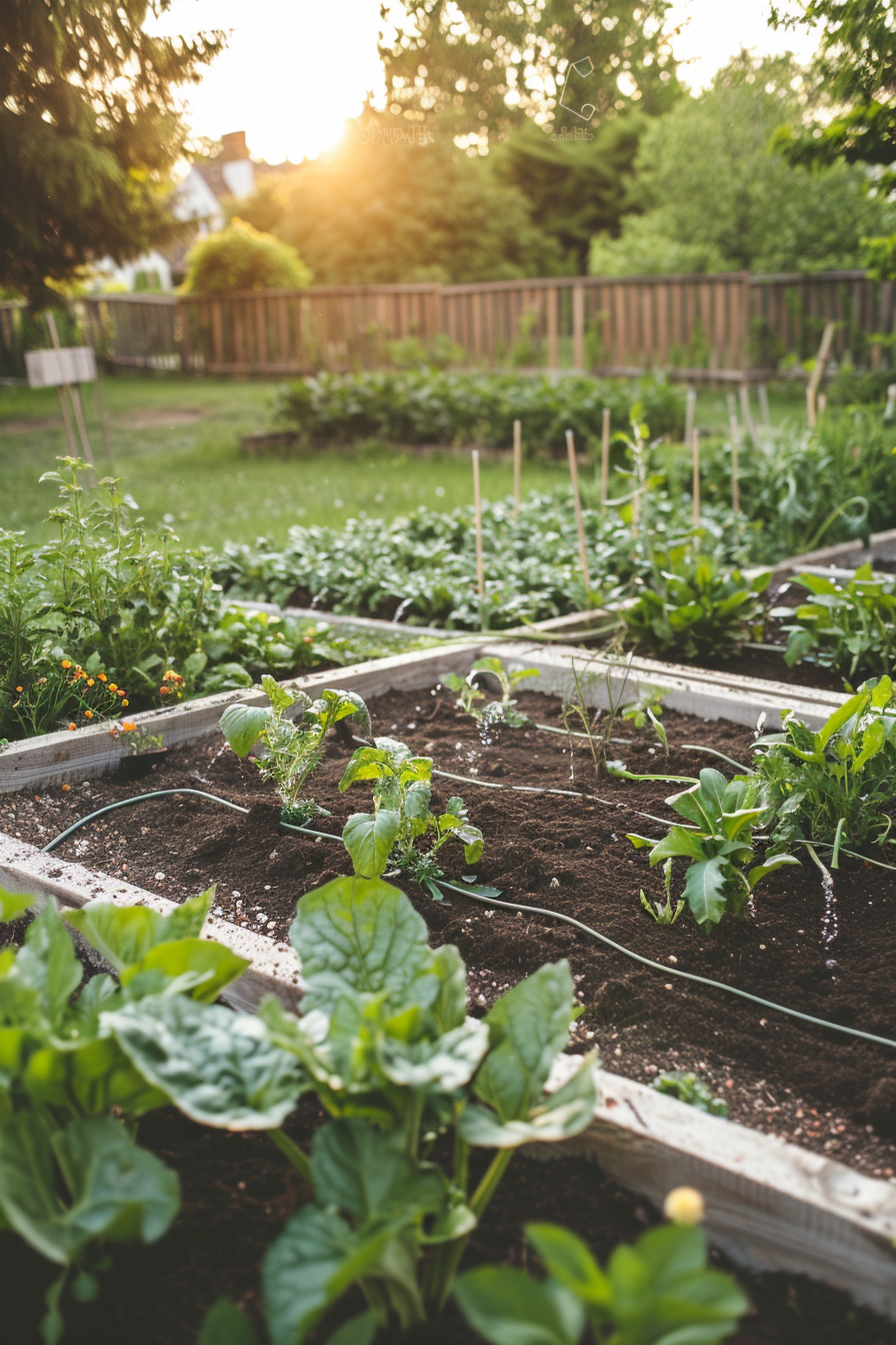 Drip irrigation system that irrigates a garden bed.