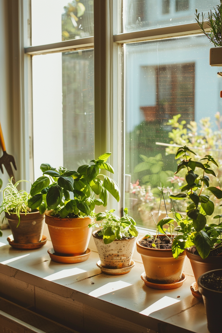 Inner herbs such as basil and mint that grow in pots.