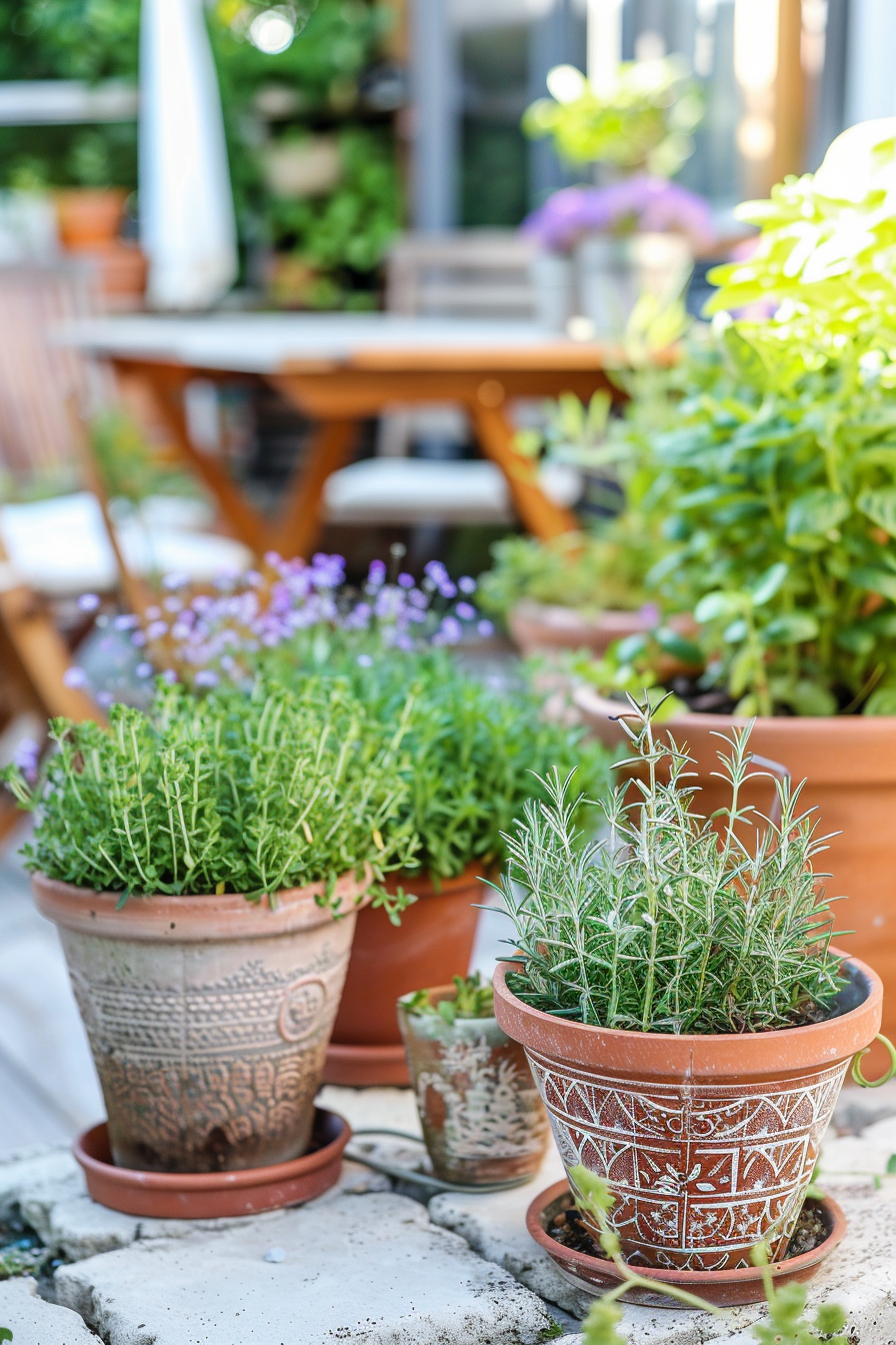 Outdoor herb garden with aromatic plants in decorative containers.