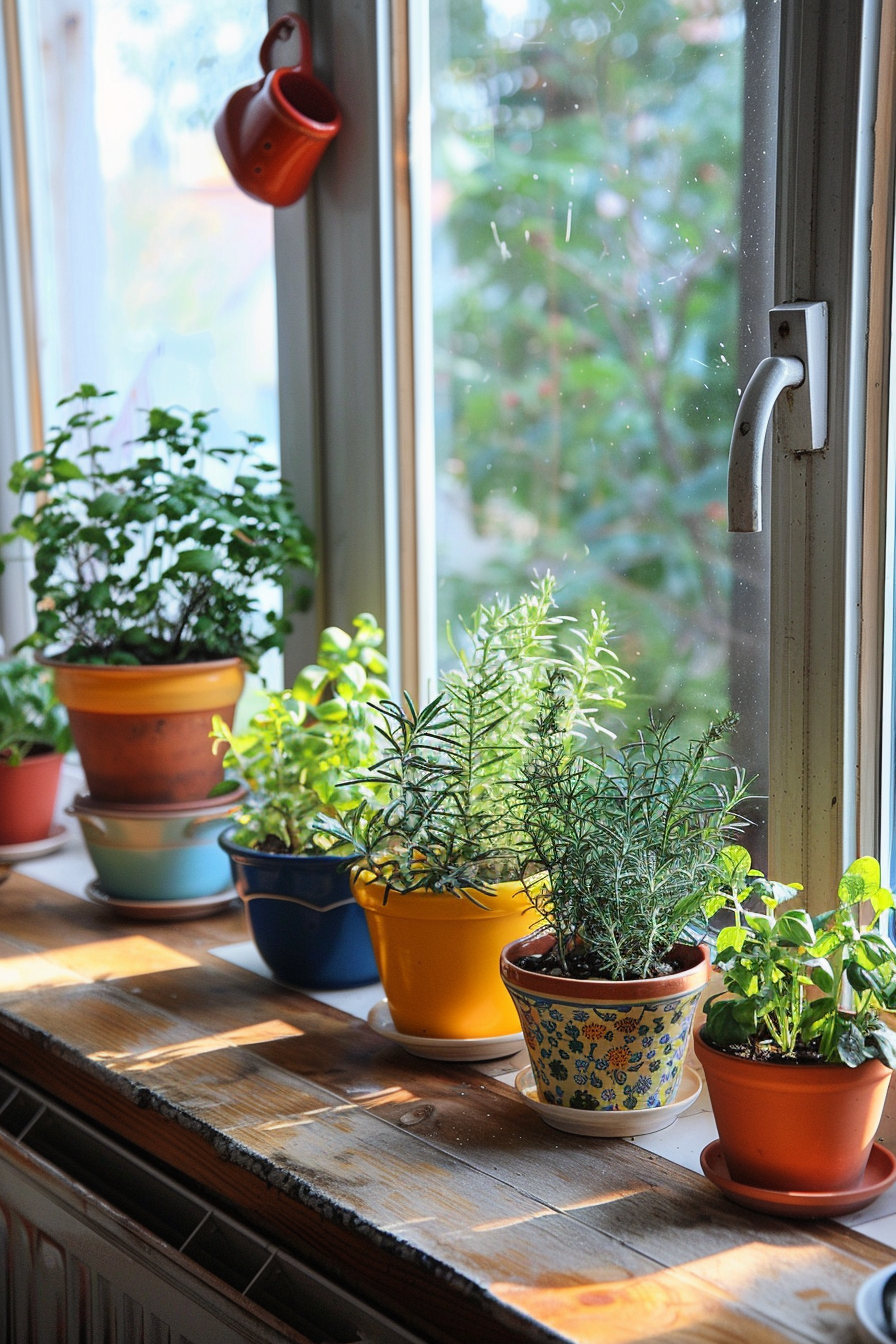 Kitchen window window with pots of aromatic herbs such as rosemary and thyme.