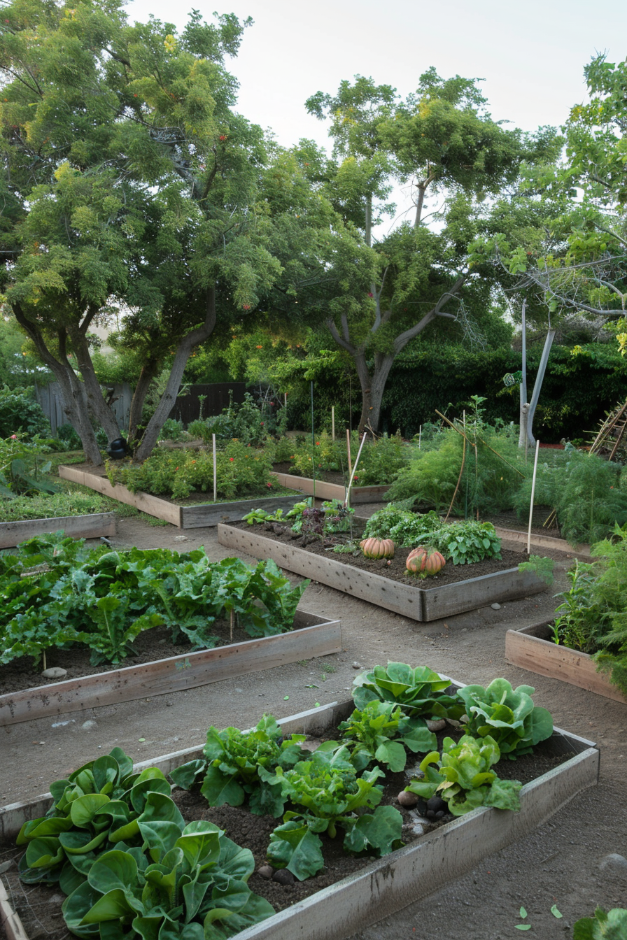 Garden bed with seasonal plants in different stages.