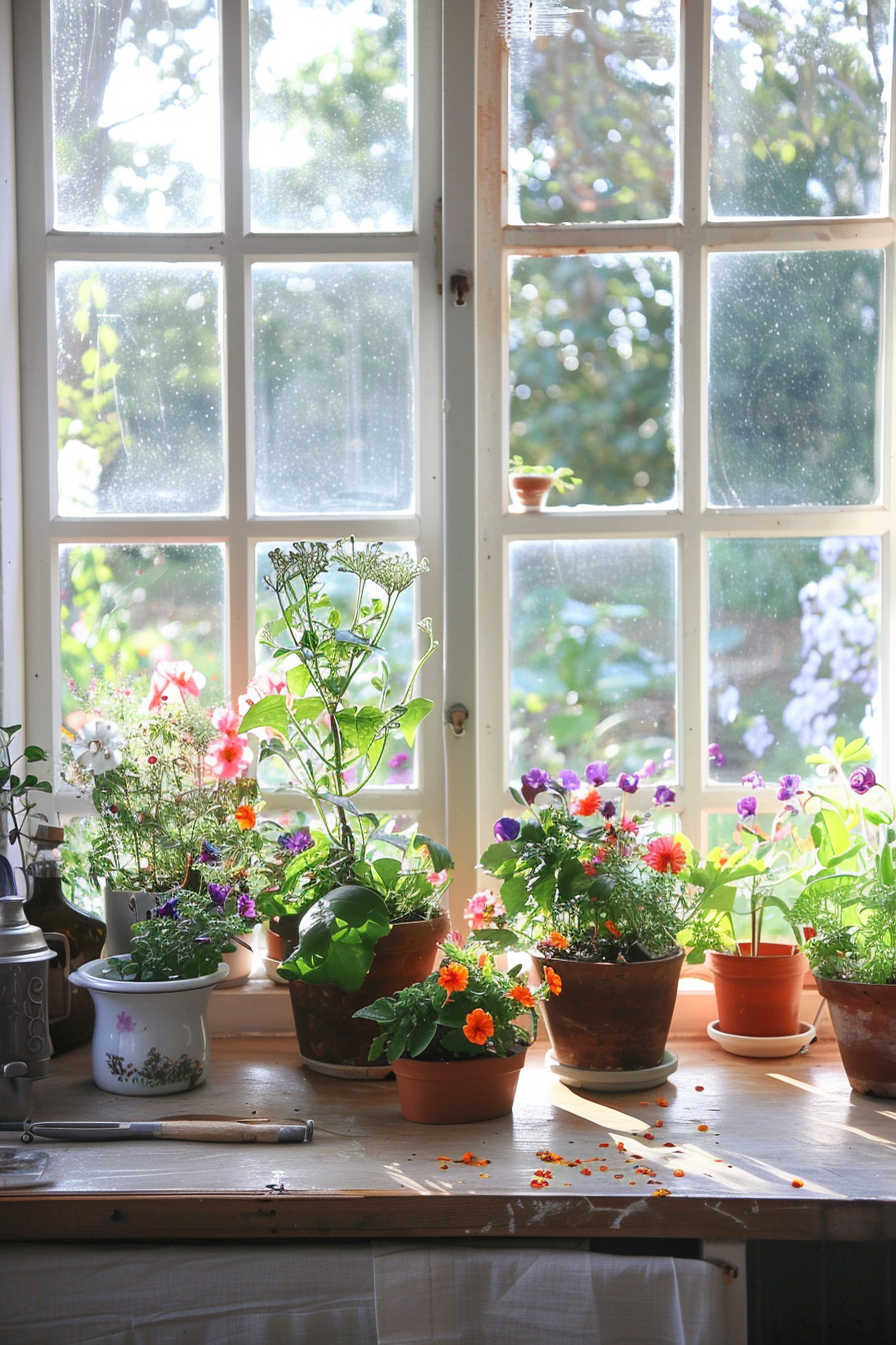 Kitchen window fairway with pots of edible flowers for cooking.