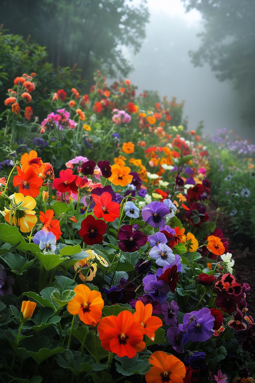 Garden bed with colorful edible flowers like heart scratches.