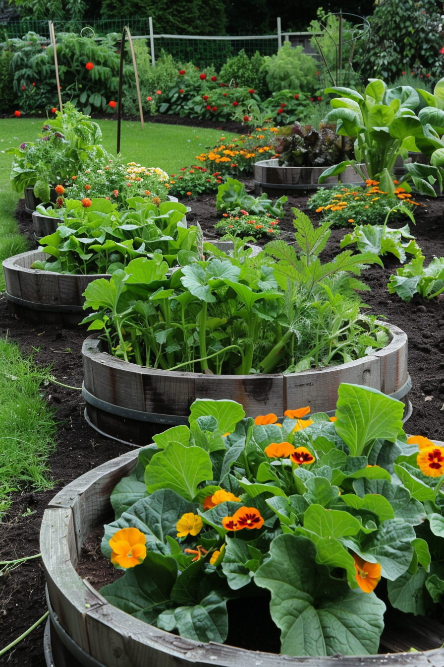 Outdoor garden with vegetables and edible flowers that grow together.