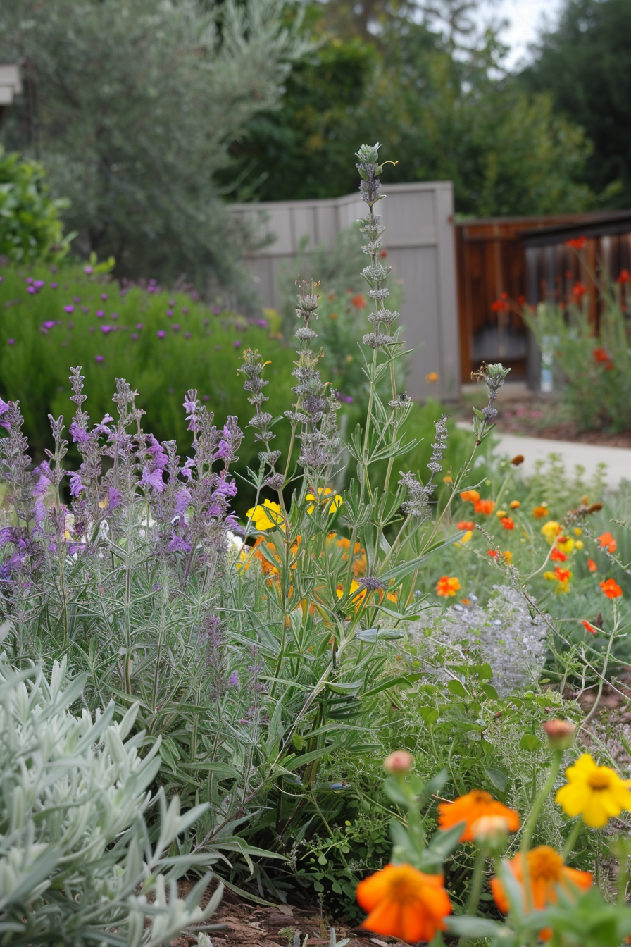 Garden bed with aromatic herbs and colorful flowers.