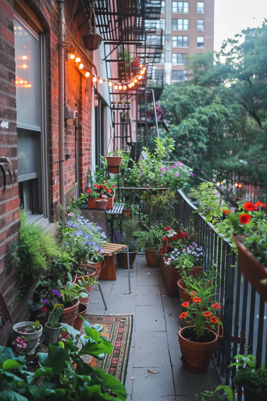 Small balcony garden with hanging baskets and containers.