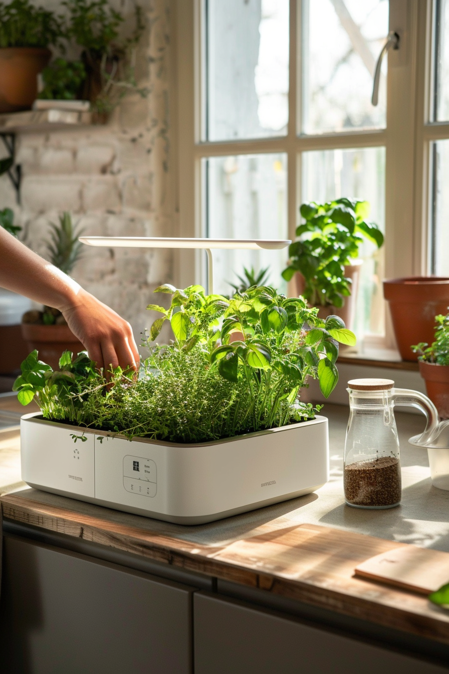 Hydroponic system on a kitchen worktop that grow fresh herbs.