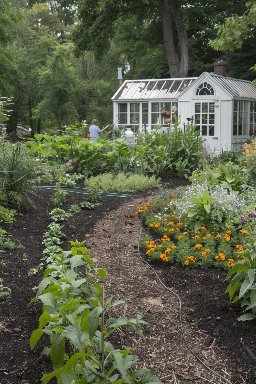 Outdoor garden with organic practices and natural pest control.