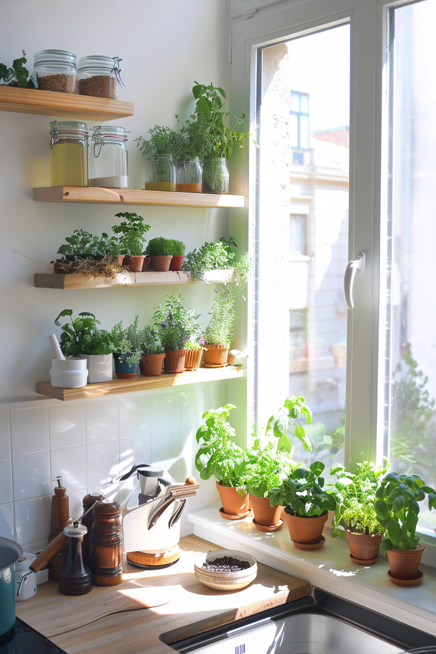 Inner garden with herbs and vegetables on window trees and vertical frames.