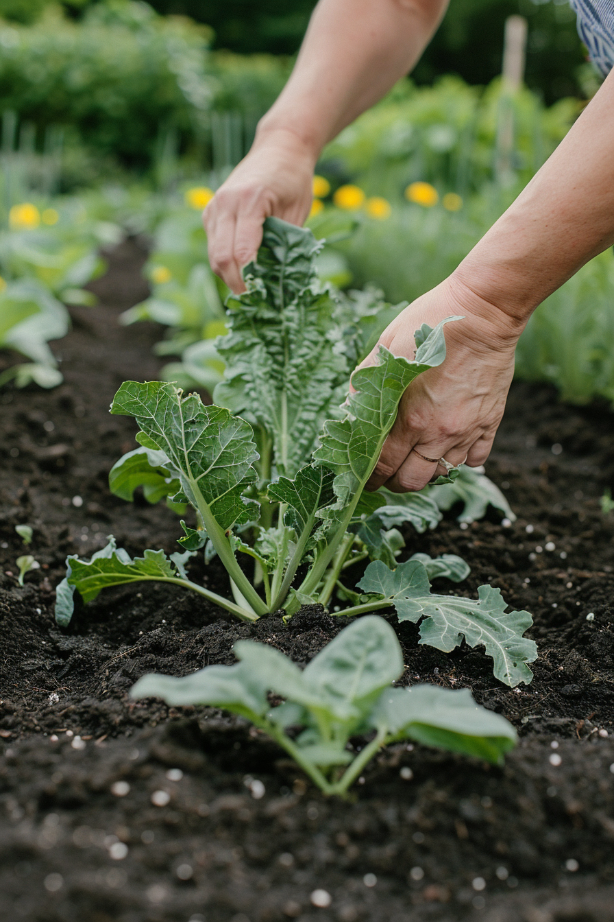 Organic kitchen garden with rich soil and diverse plants.