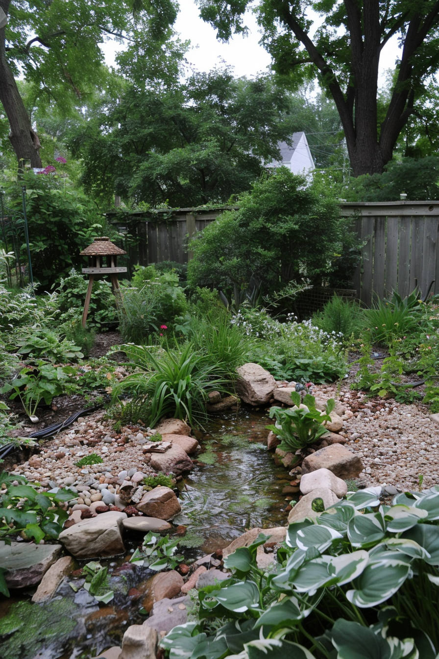 Vegetable garden with natural landscape elements and diverse plants.