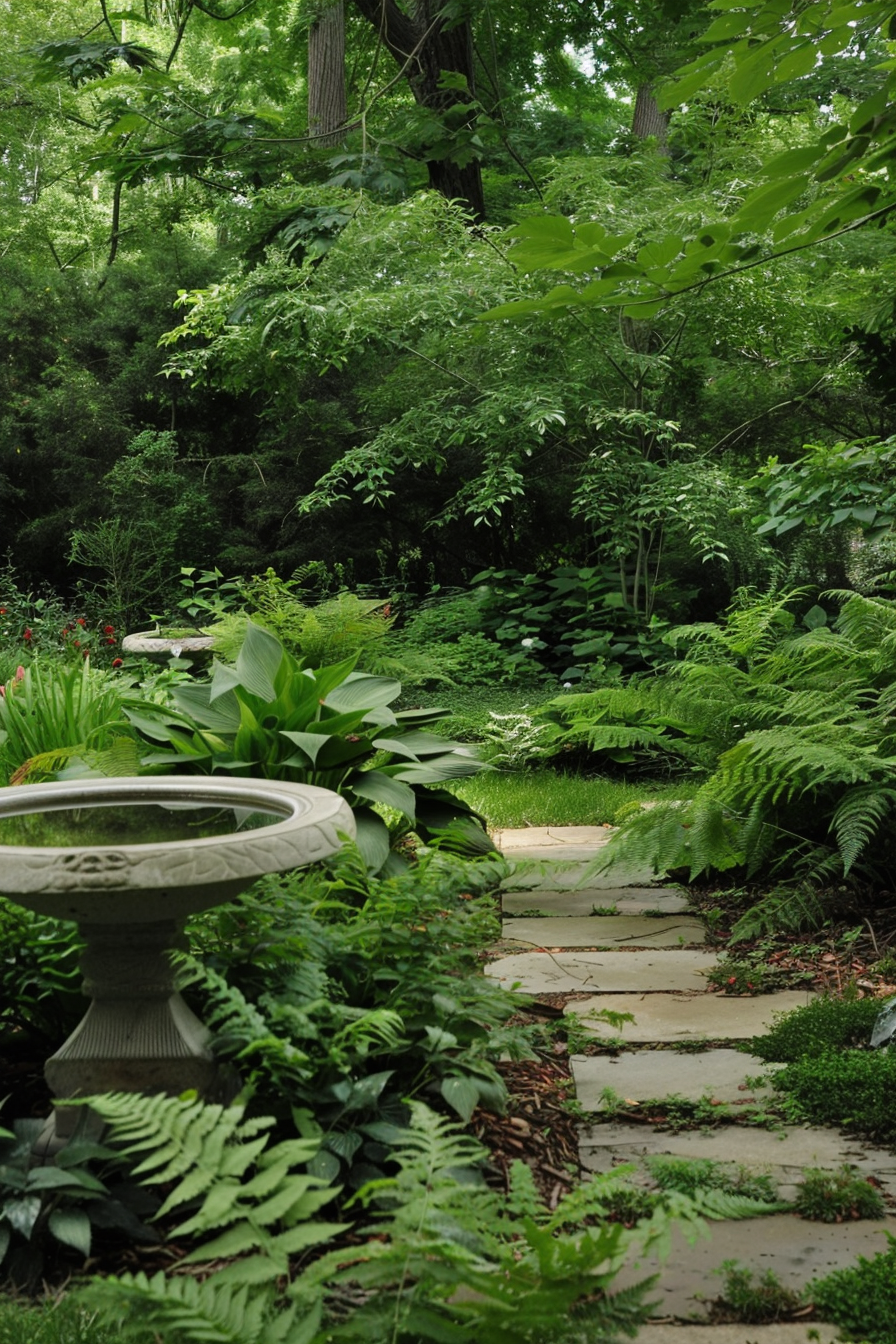 Outdoor garden with various plantings and natural water elements.