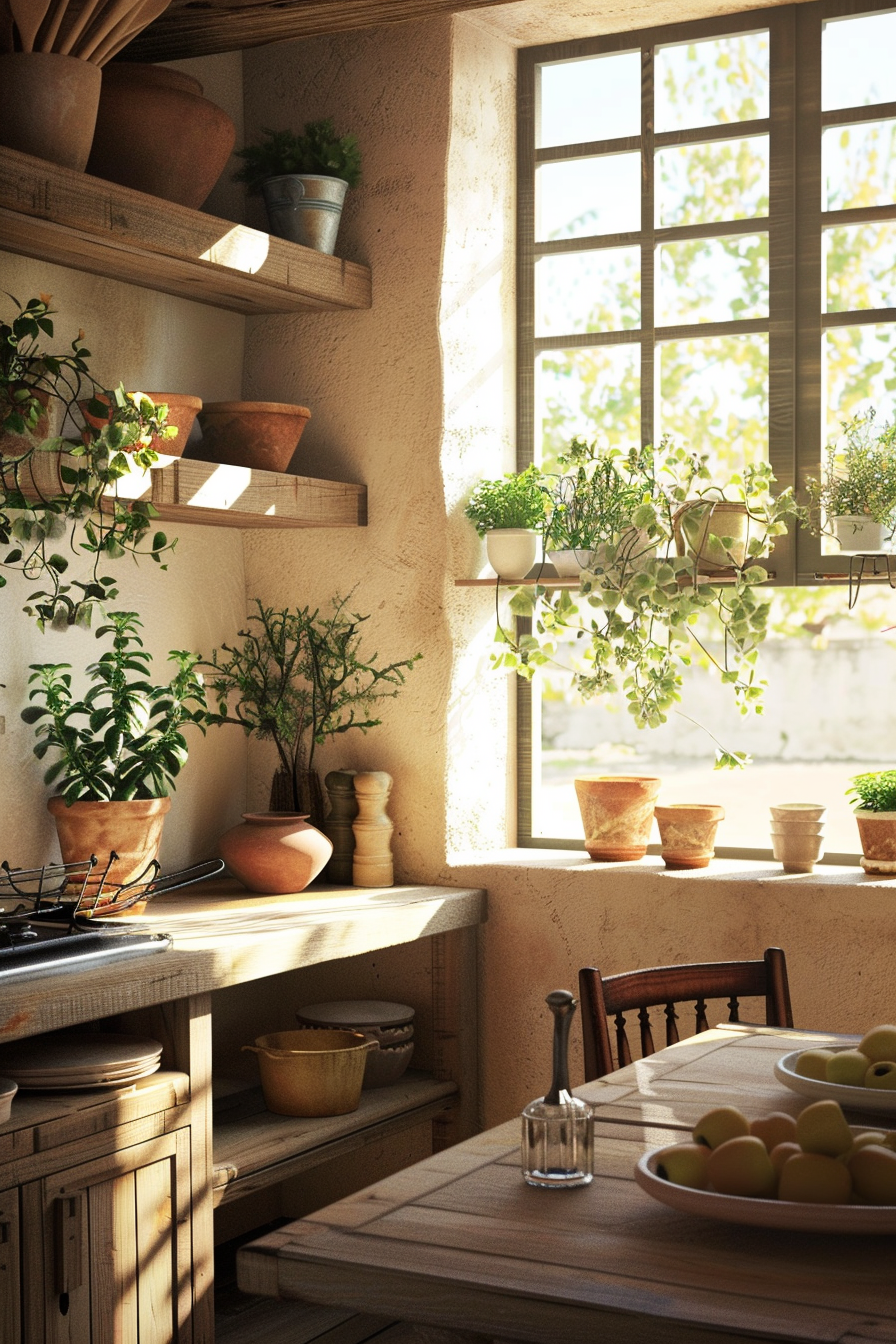 Kitchenok with plants that are arranged to imitate natural landscapes.