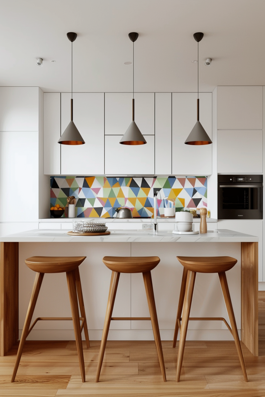 Sculptural trailer lights over kitchen island