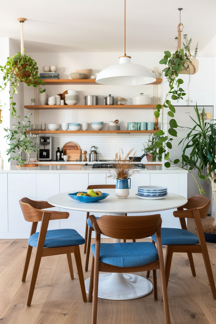 Complementary shaped plastic chairs in Eames style